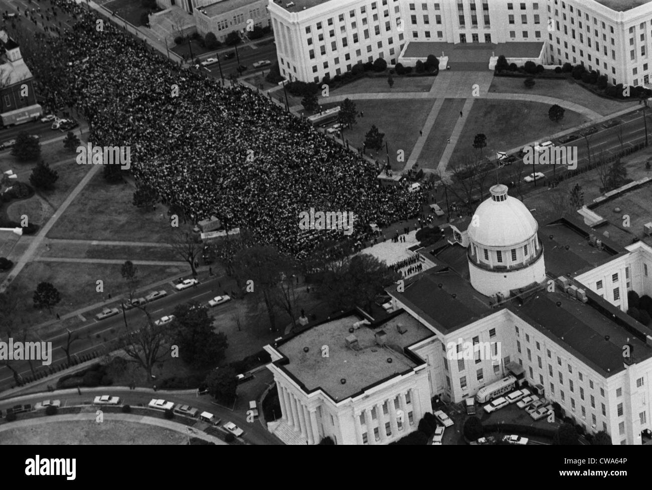 Civil rights marchers in front of the Alabama State Capitol at the end of their march from Selma to Montgomery, 1965. Courtesy: Stock Photo