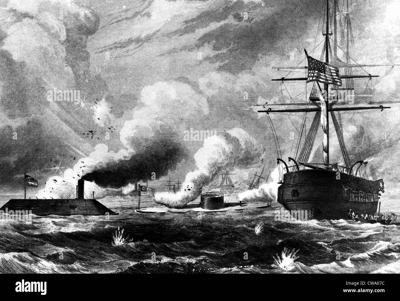 CIVIL WAR--Illustration depicting the first duel between the warships Merrimack and the Union's Monitor.. Courtesy: CSU Stock Photo