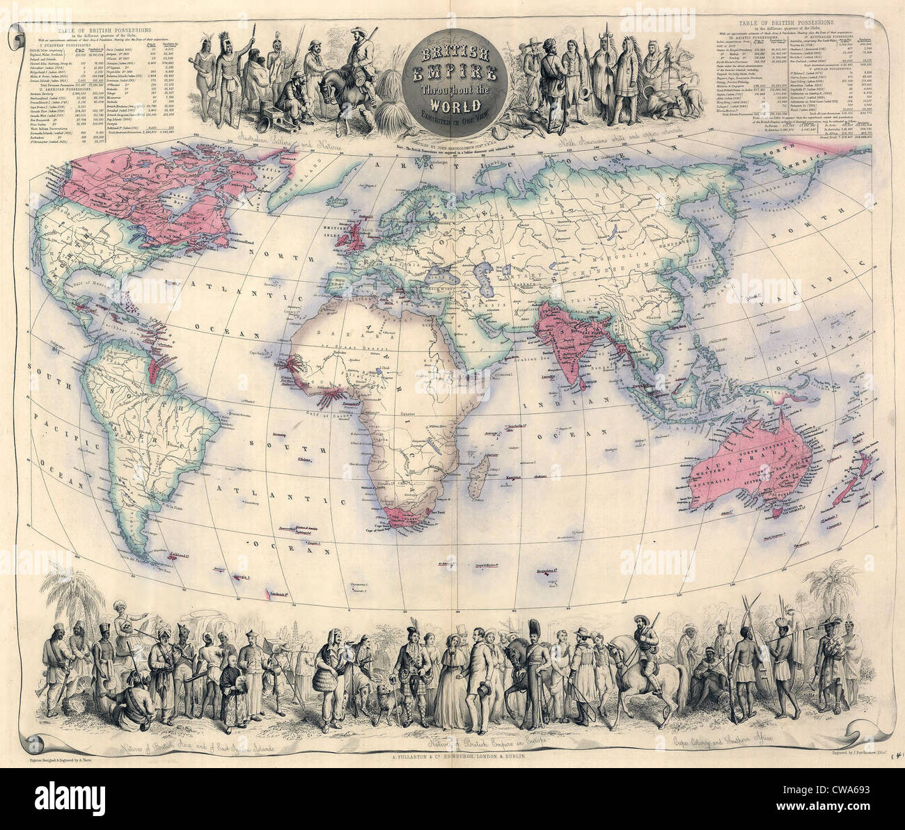 1850's map of the British Empire throughout the world, with illustrations of the inhabitant of the Empire. By the end of the Stock Photo