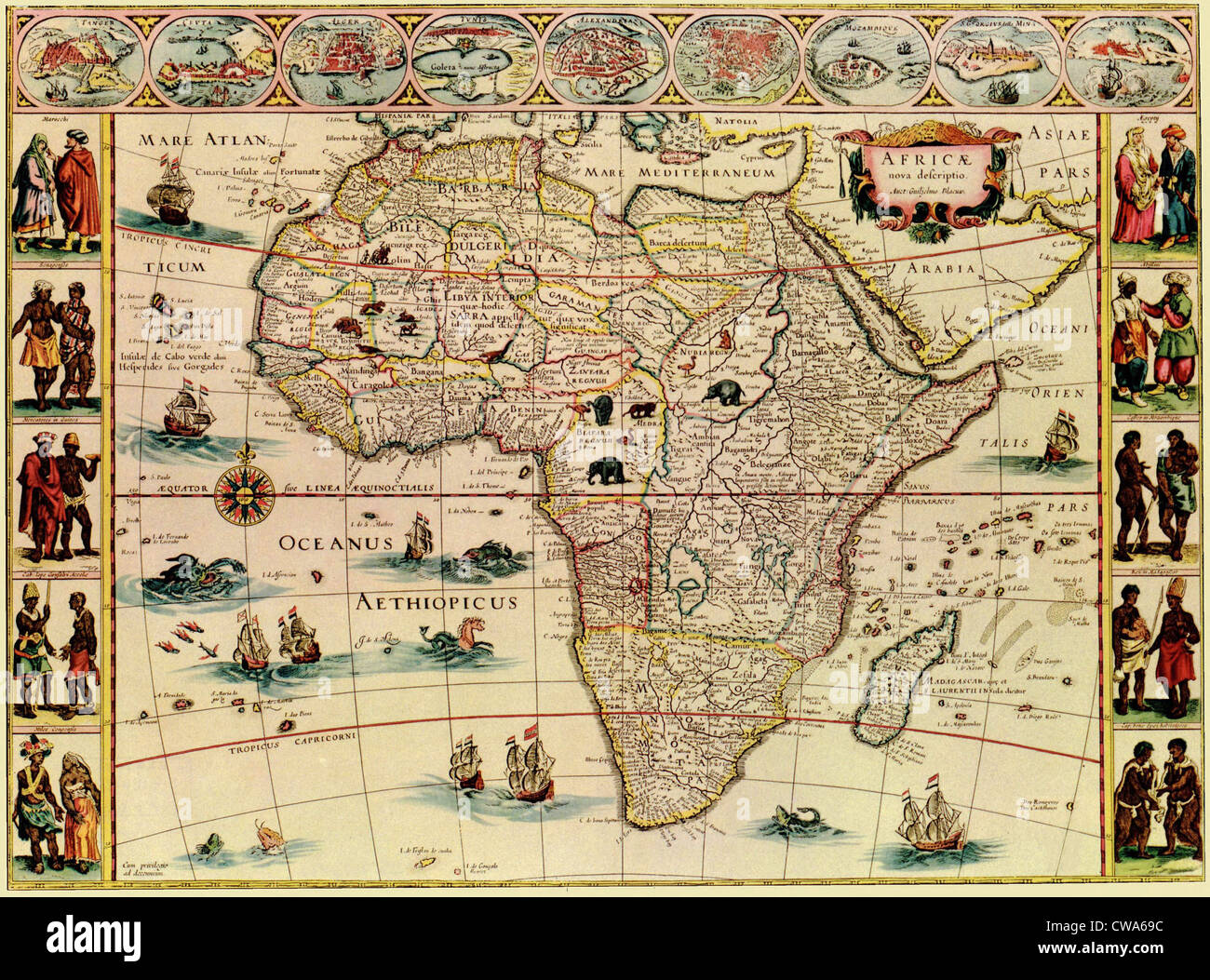 Map of Africa from 1660s. Top border depicts African cities, and side borders show men and women of African peoples. Stock Photo