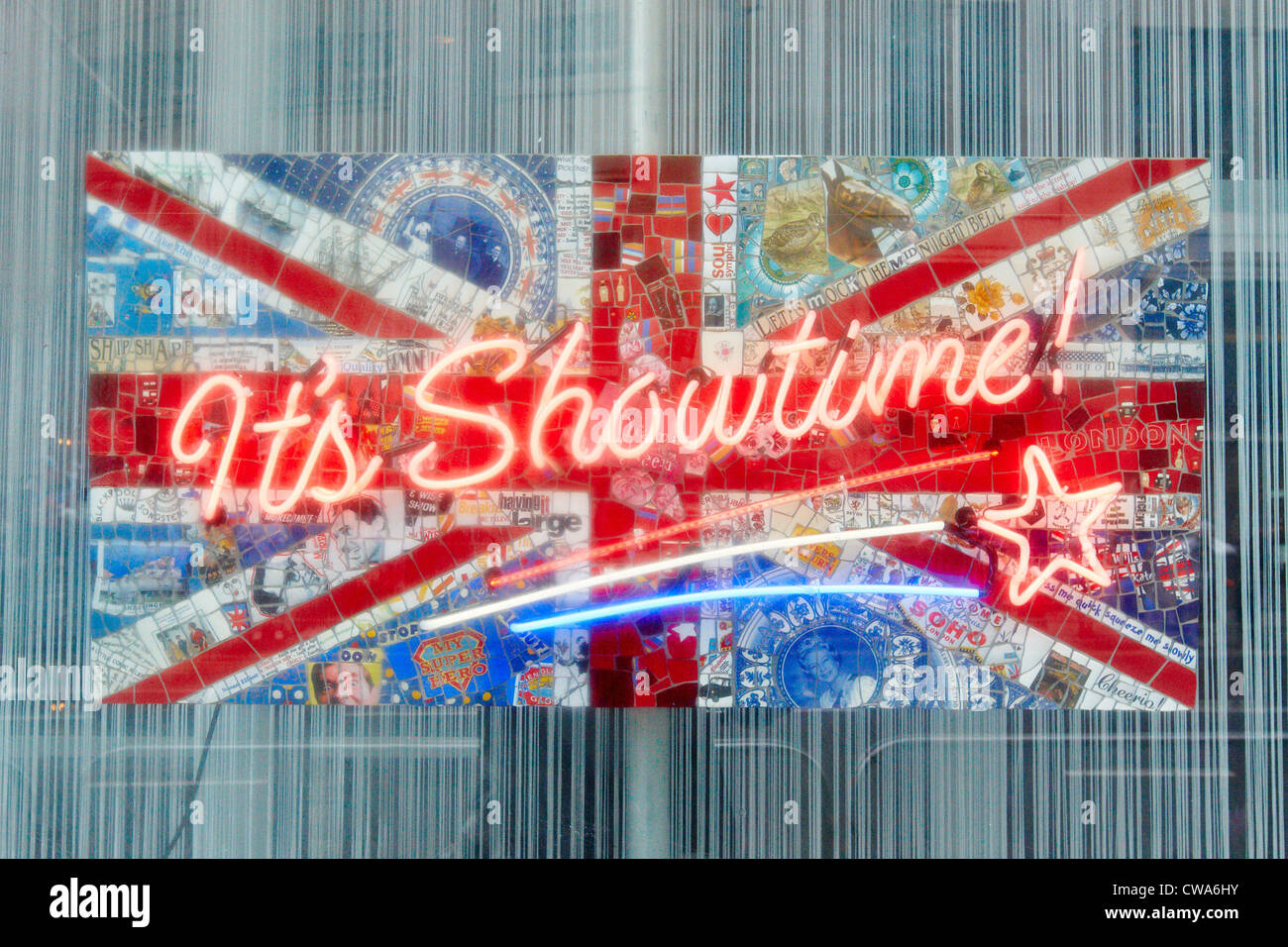 “Its showtime” neon and mosaic flag by artist Susan Elliott on display in the Mauger Modern Gallery, London Stock Photo