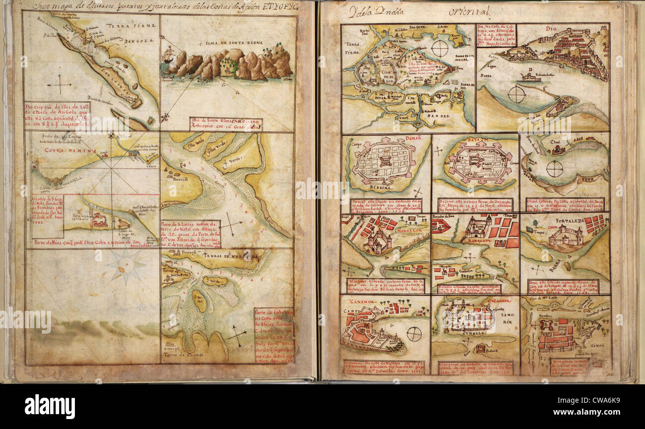 Portuguese maps showing views of  port settlements and fortifications in Africa and Asia, from 1630 atlas. Stock Photo