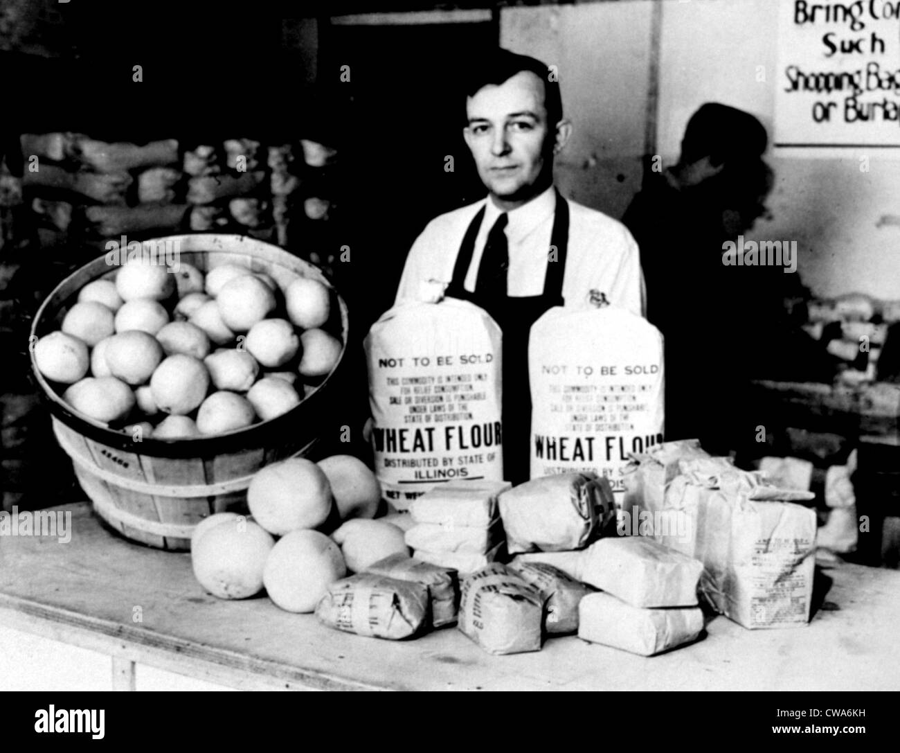 Great Depression: food to relieve famine bought and redistributed by the FSCC (Federal Surplus Commodities Corporation).  1938. Stock Photo