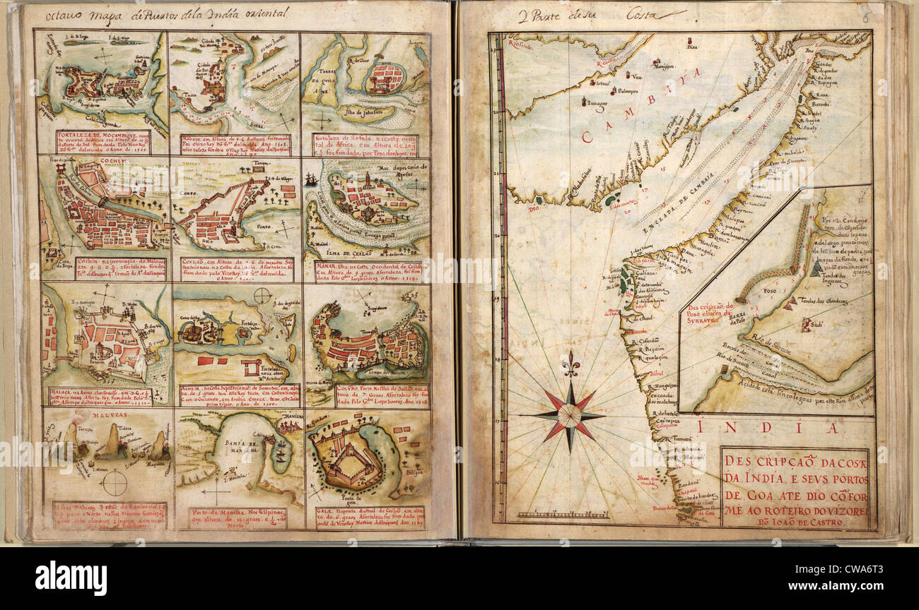 Portuguese maps showing views of port settlements and fortifications in Africa and Asia, from 1630 atlas. Stock Photo