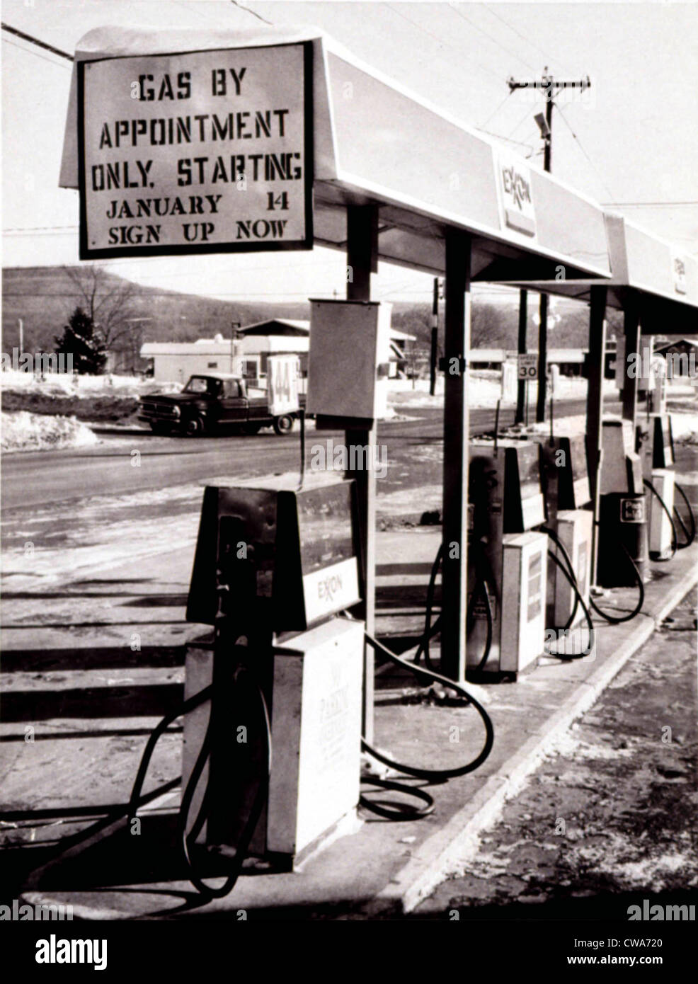 GAS SHORTAGE-A gas station in Amherst, Mass., during the gas shortage, 1/15/74.. Courtesy: CSU Archives / Everett Collection Stock Photo