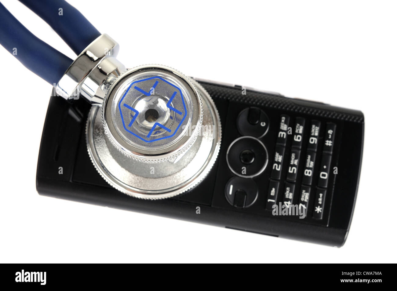 Concept of mobile phone technical support with stethoscope on white