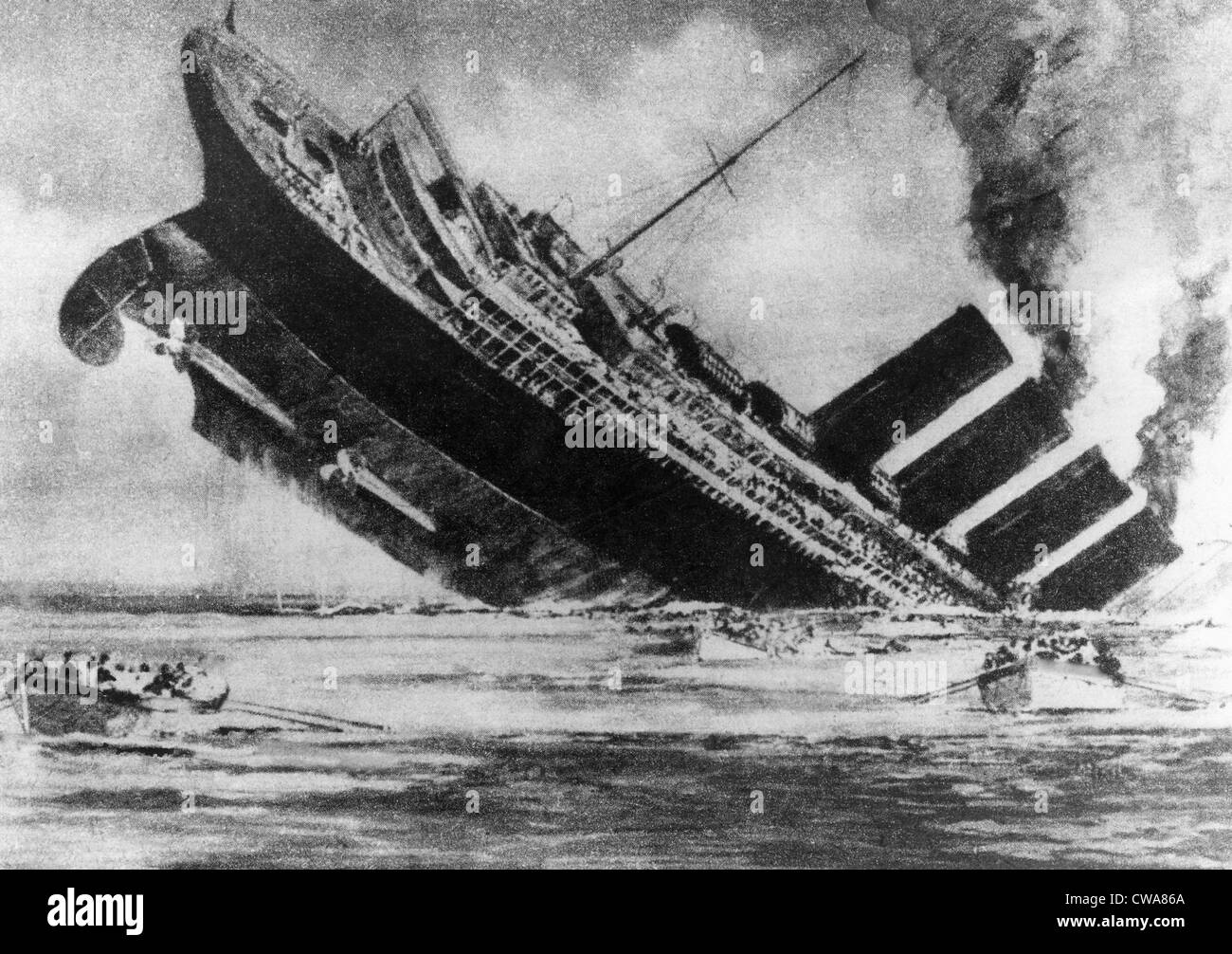 The sinking of the ocean liner, RMS Lusitania, torpedoed by a German U-boat, c. 1915.. Courtesy: CSU Archives / Everett Stock Photo