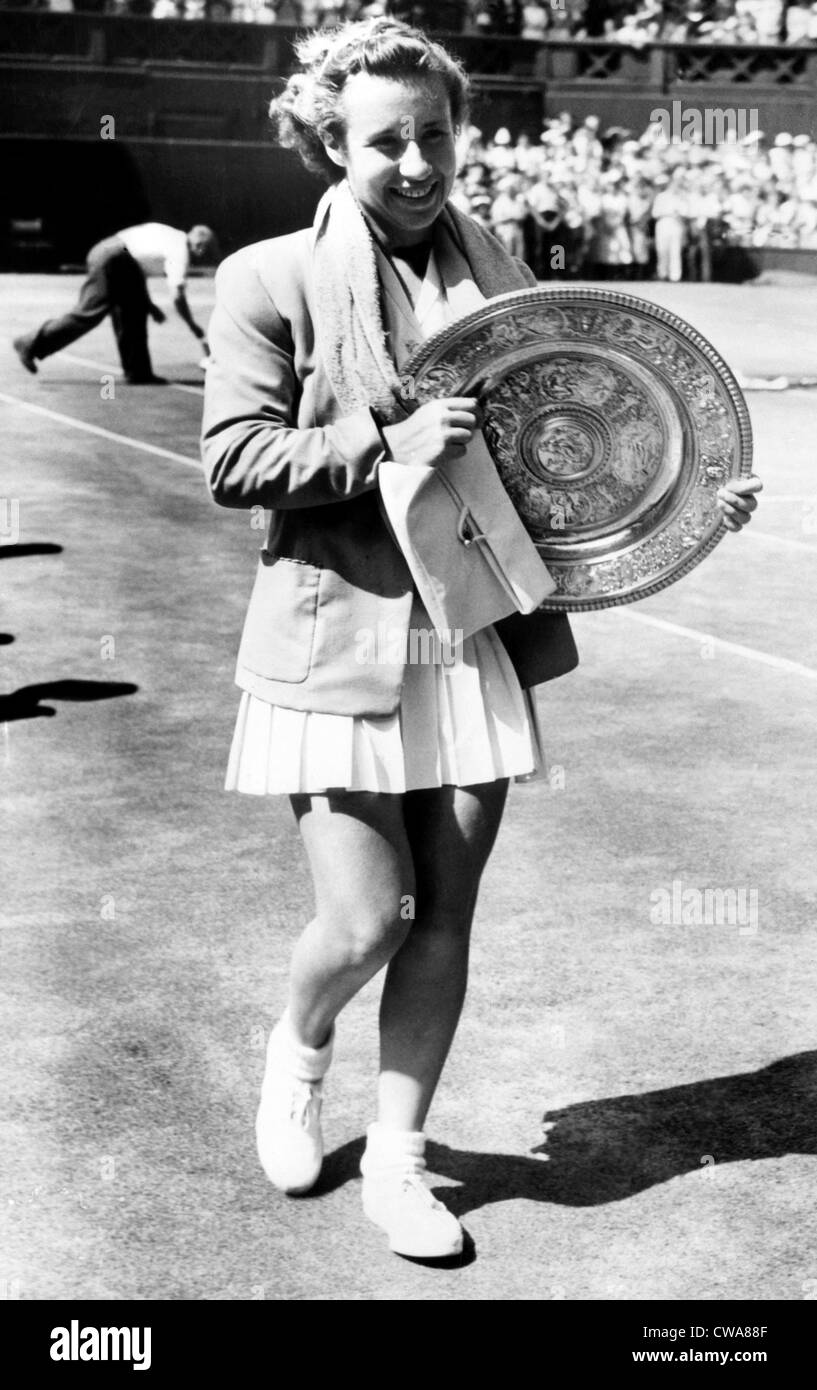 Maureen Connolly holds the 1952 Wimbledon trophy. Courtesy: CSU Archives/Everett Collection Stock Photo