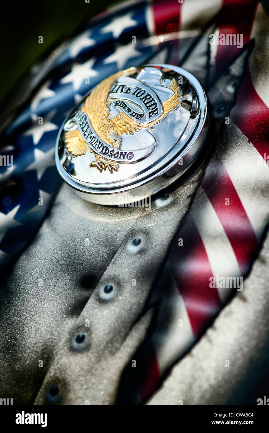 Harley Davidson motorcycle. Live to ride petrol cap on a custom american flag painted petrol tank Stock Photo