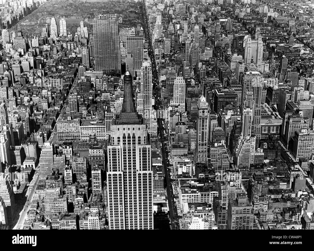 An aerial view of midtown Manhattan, looking north from the Empire
