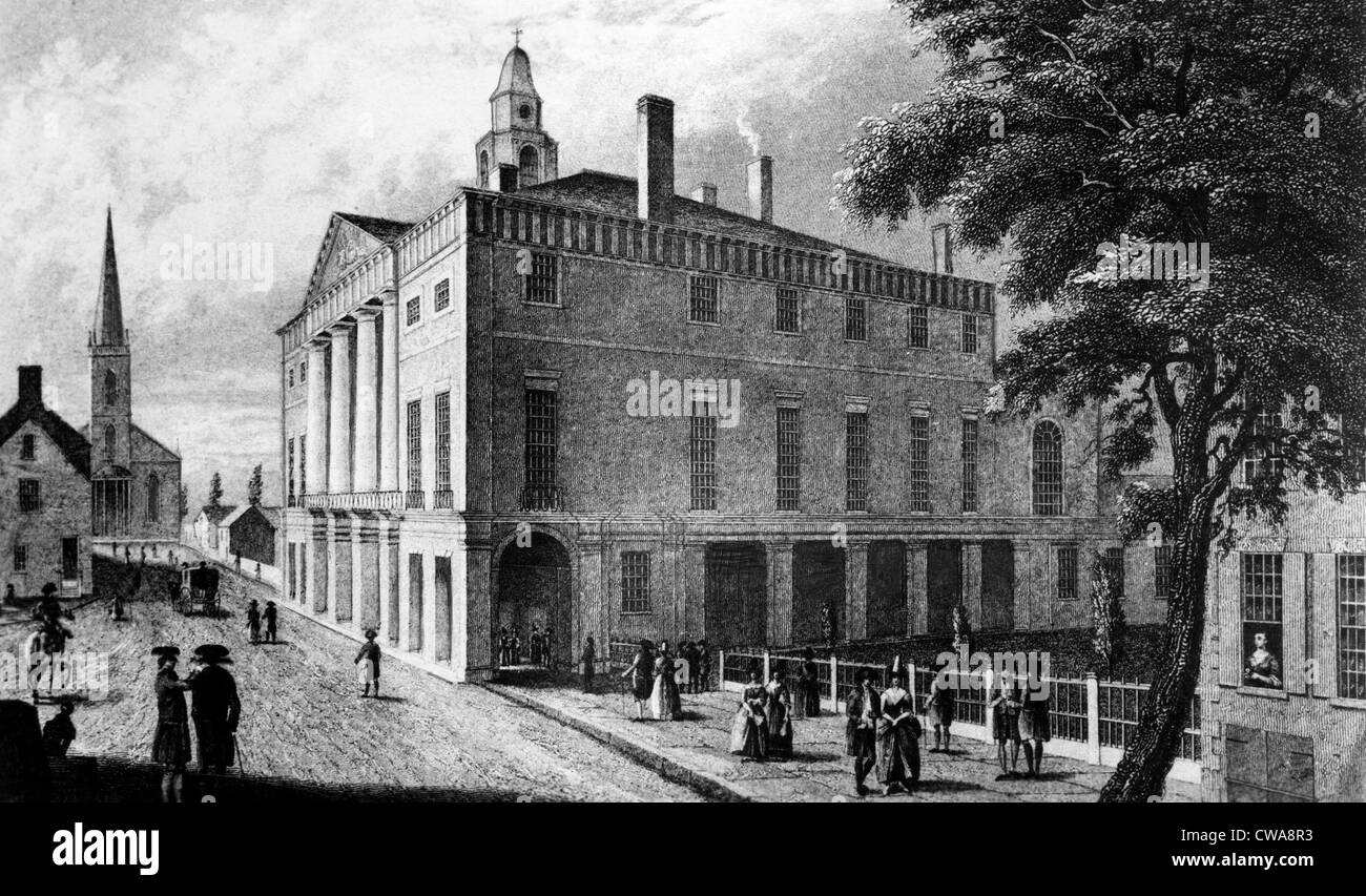 The first Federal Hall, at 26 Wall Street, circa 1700s. Courtesy: CSU Archives/Everett Collection Stock Photo