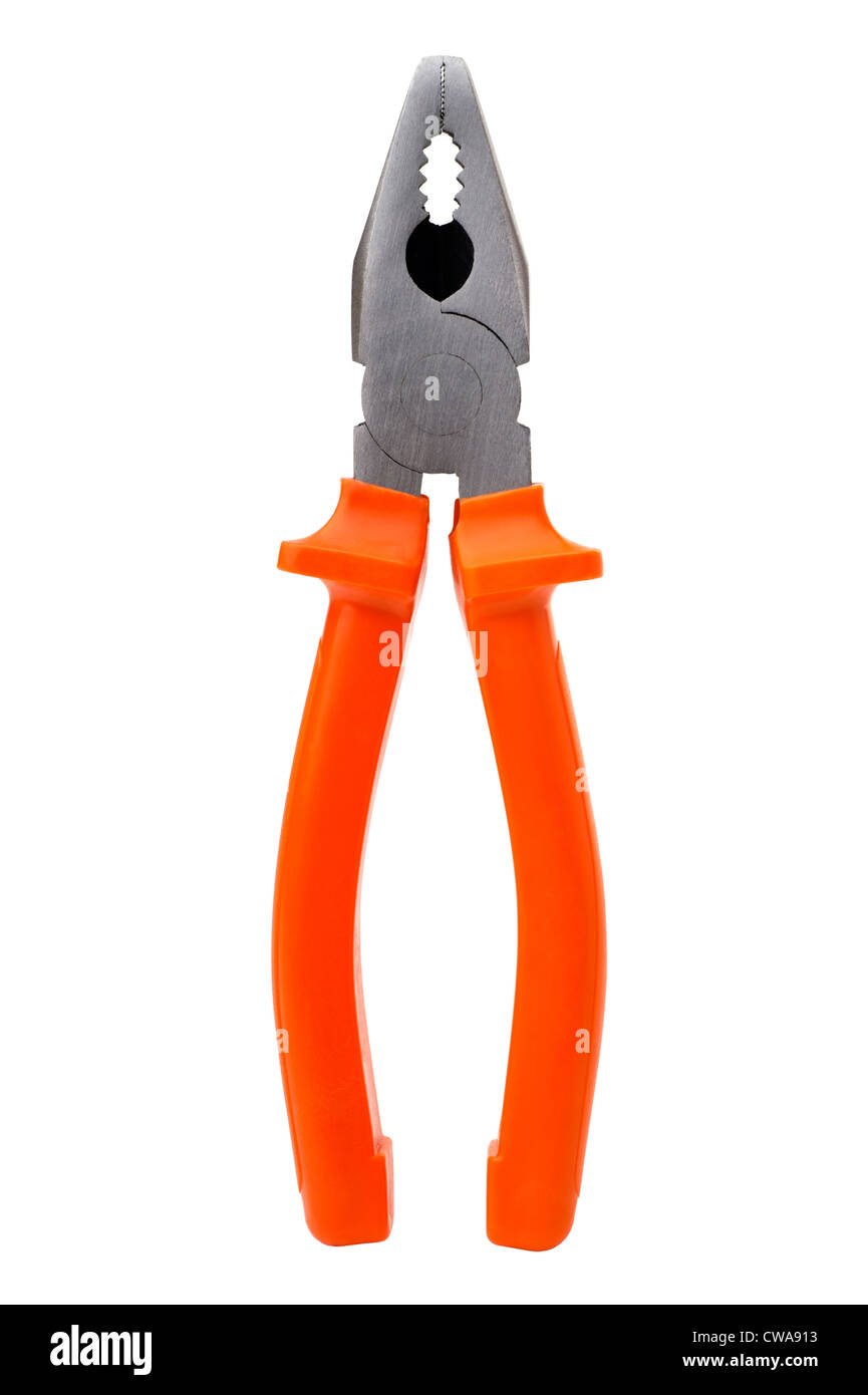 Combination pliers with orange grips, isolated on white background Stock Photo