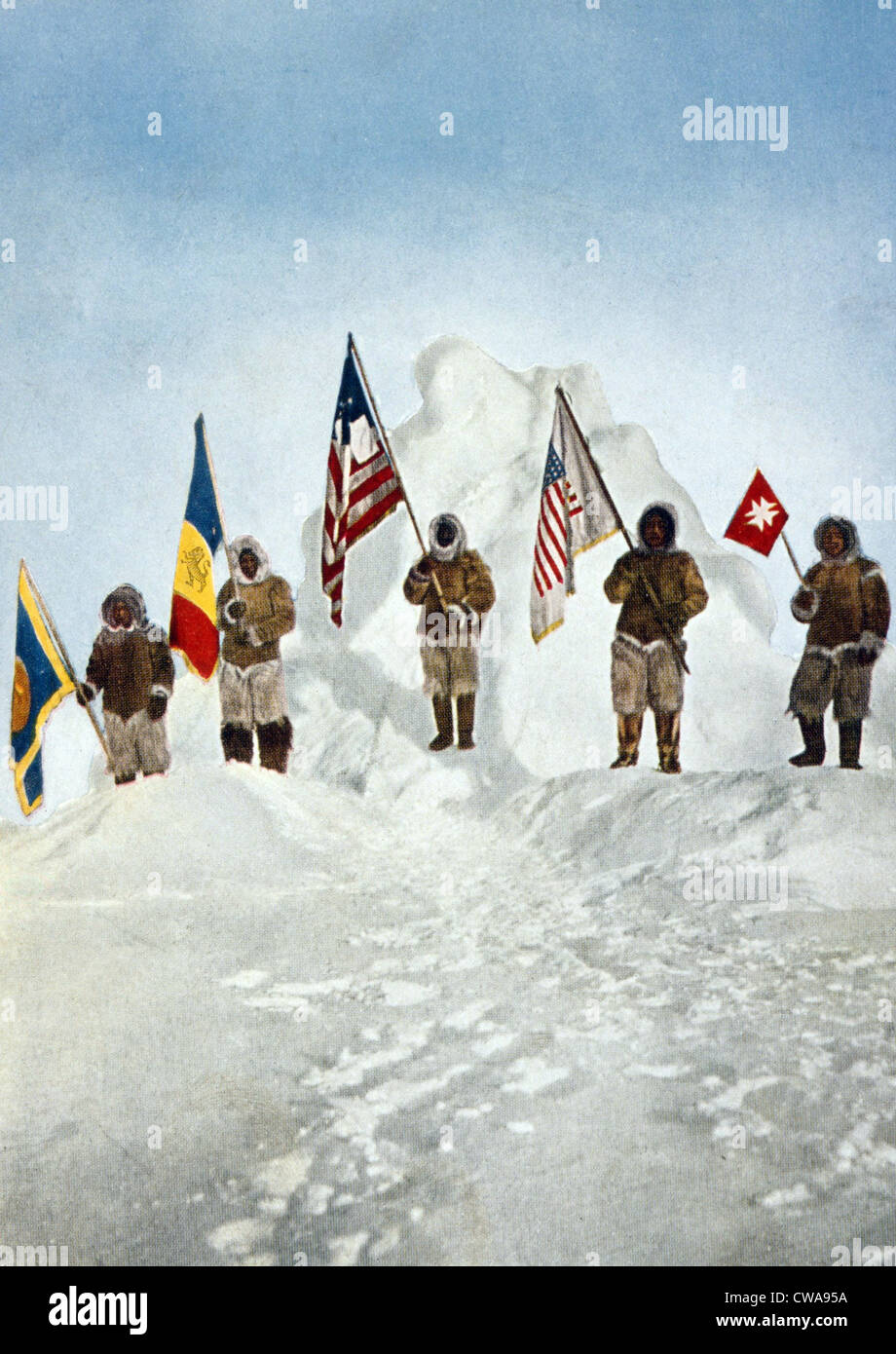 Robert Peary's Expedition holds five flags at the North Pole.  (L to R): Navy League flag, DKE Fraternity flag, Polar flag Stock Photo