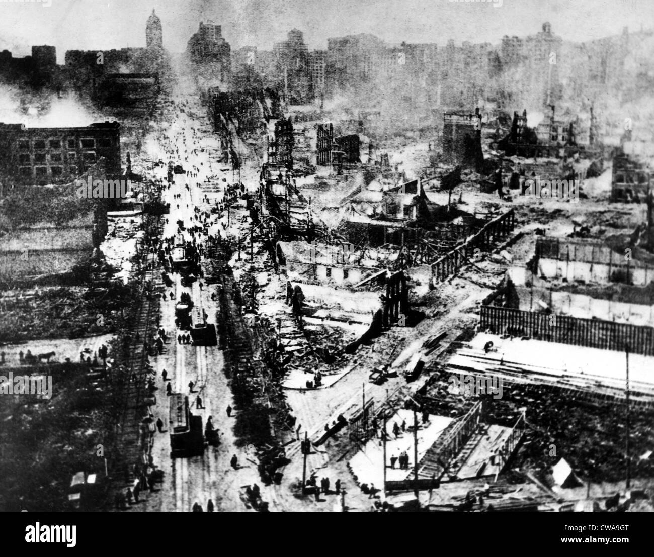 San Francisco, Aftermath of Earthquake and fire, Looking up Market Street at the smouldering city from the Ferry Building, Stock Photo