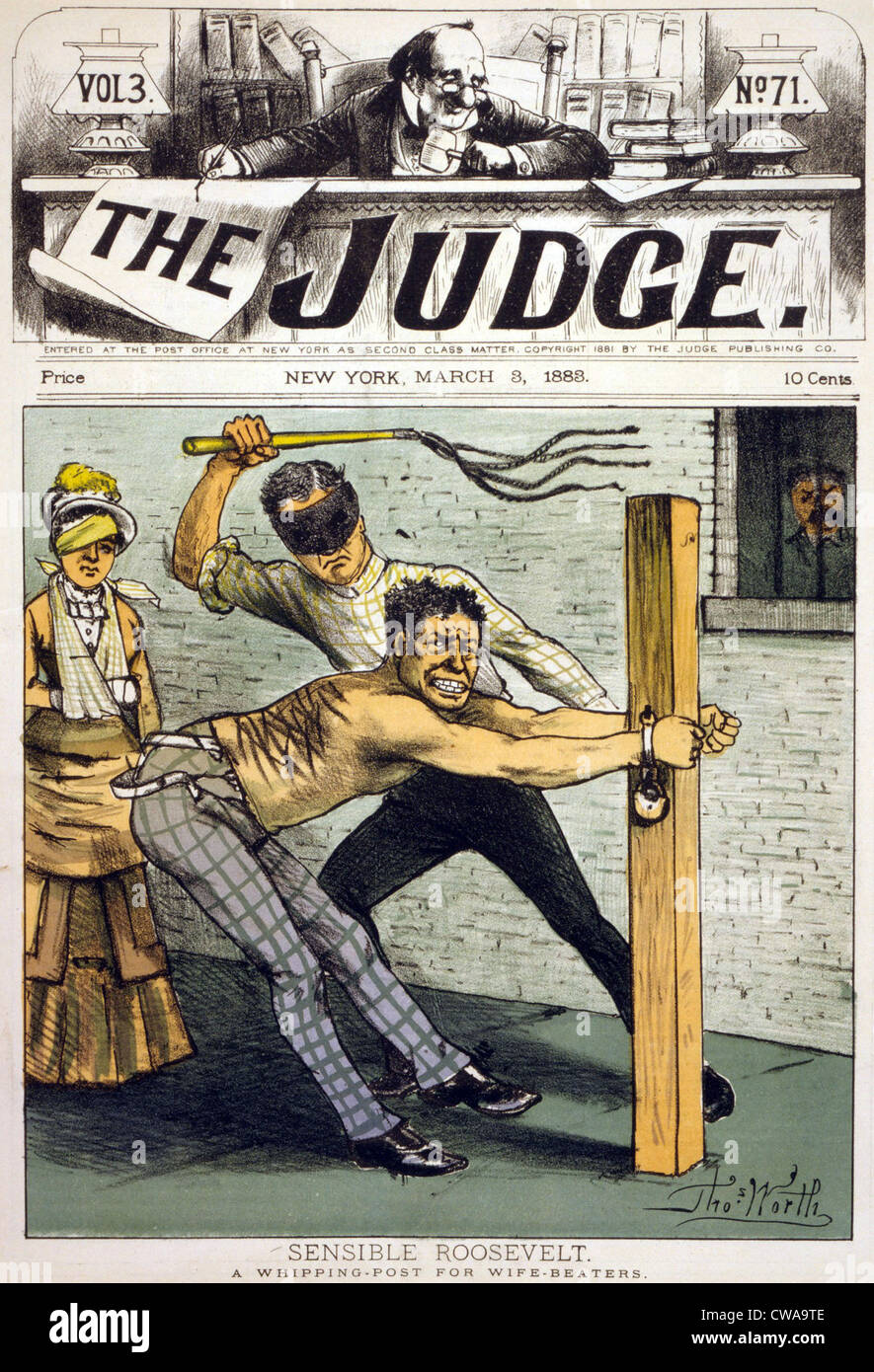 Theodore Roosevelt advocated a whipping post for men who beat their wives. This cartoon illustration shows a man manacled to Stock Photo