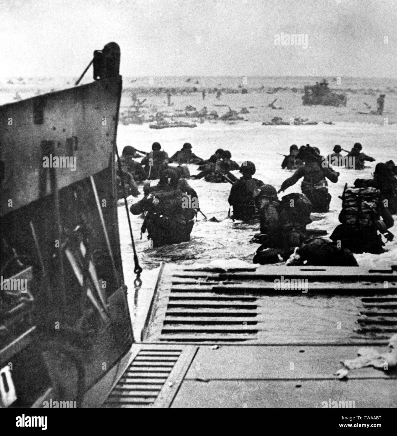 World War II: Led by amphibious tanks, British troops assault a beach.. Courtesy: CSU Archives / Everett Collection Stock Photo