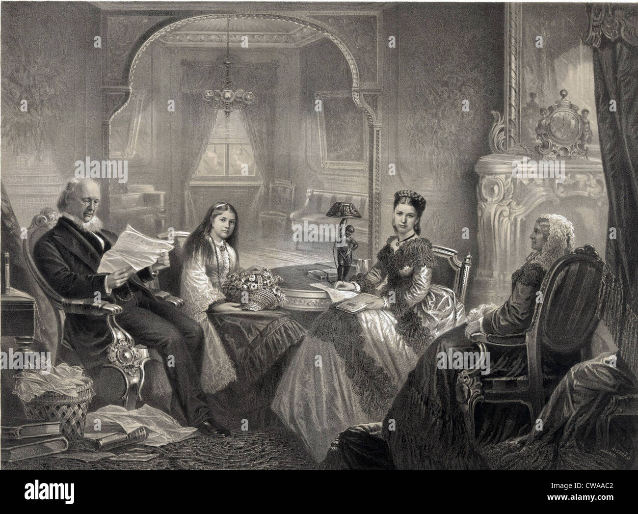 Horace Greeley (18111872) shown at New York City home with his wife and daughters, ca. 1860