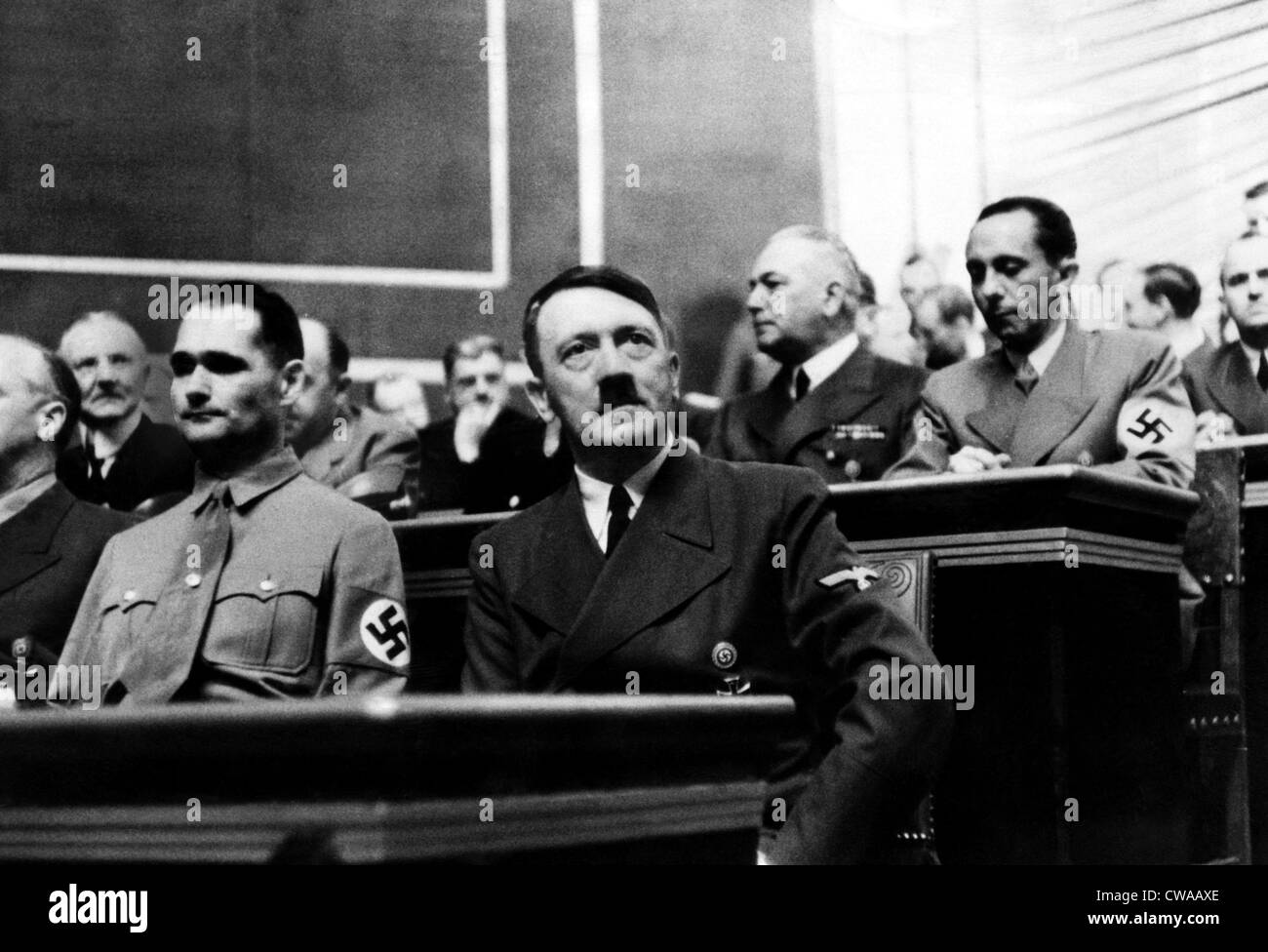 Rudolf Hess and Adolf Hitler during the Reichstag session at which Hitler gave his last warning to the British Empire. Seated Stock Photo