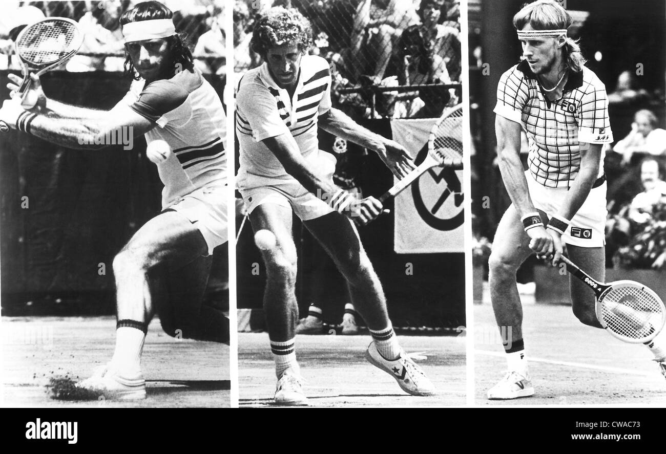 Guillermo Vilas (L), Brian Gottfried (M), Bjorn Borg (R), compete against each other at the Colgate Grand Prix Masters, Madison Stock Photo
