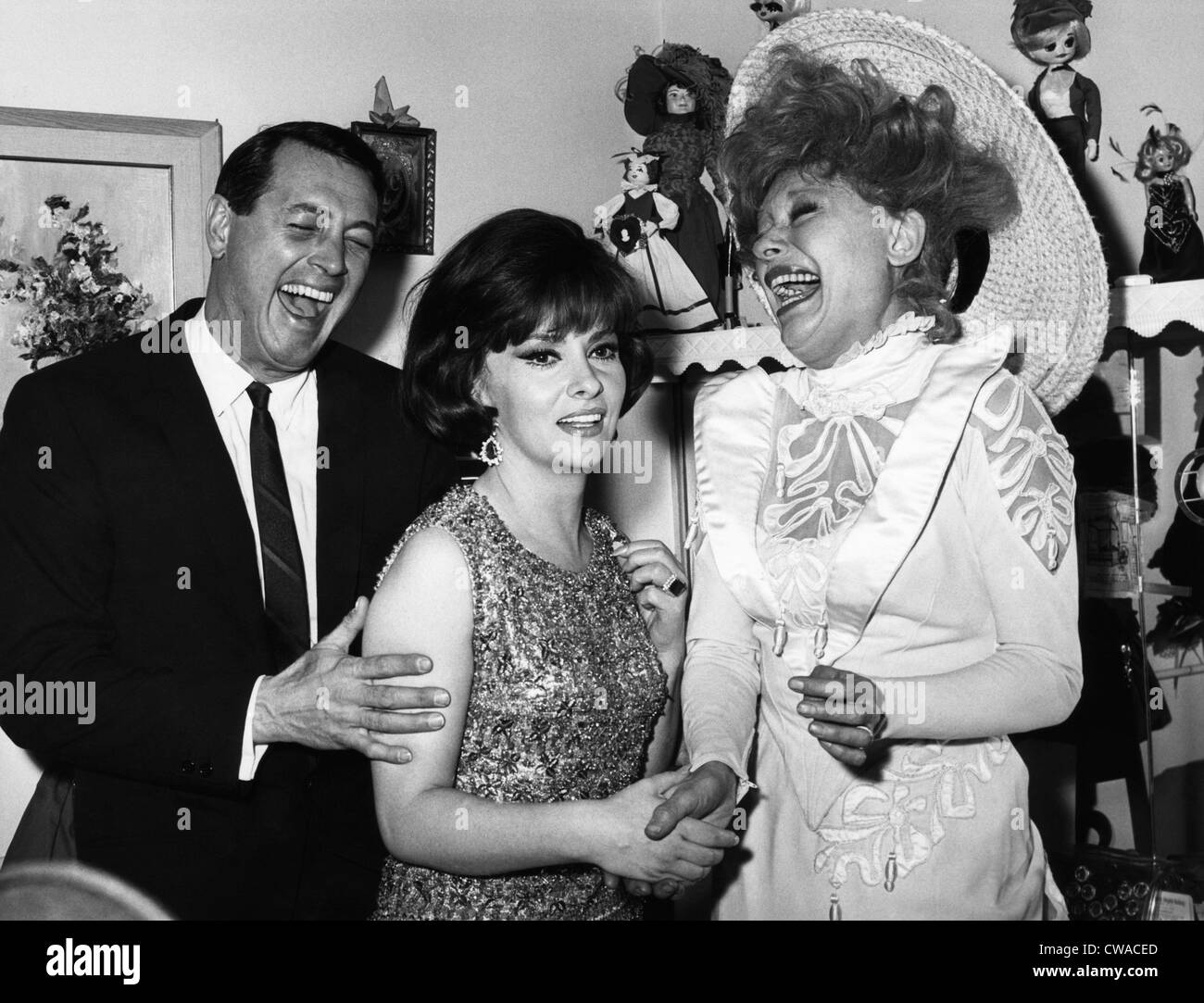 Rock Hudson, Gina Lollobrigida, visiting Carol Channing backstage at HELLO, DOLLY, February 18, 1965. Courtesy: CSU Archives / Stock Photo