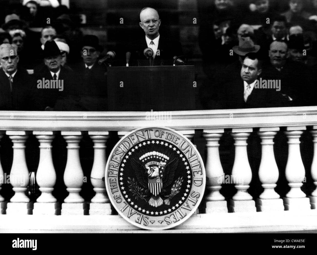 President Dwight D. Eisenhower (c) delivers his 2nd term inaugural address in the Capital Plaza, Washinton DC. January 21,1957. Stock Photo