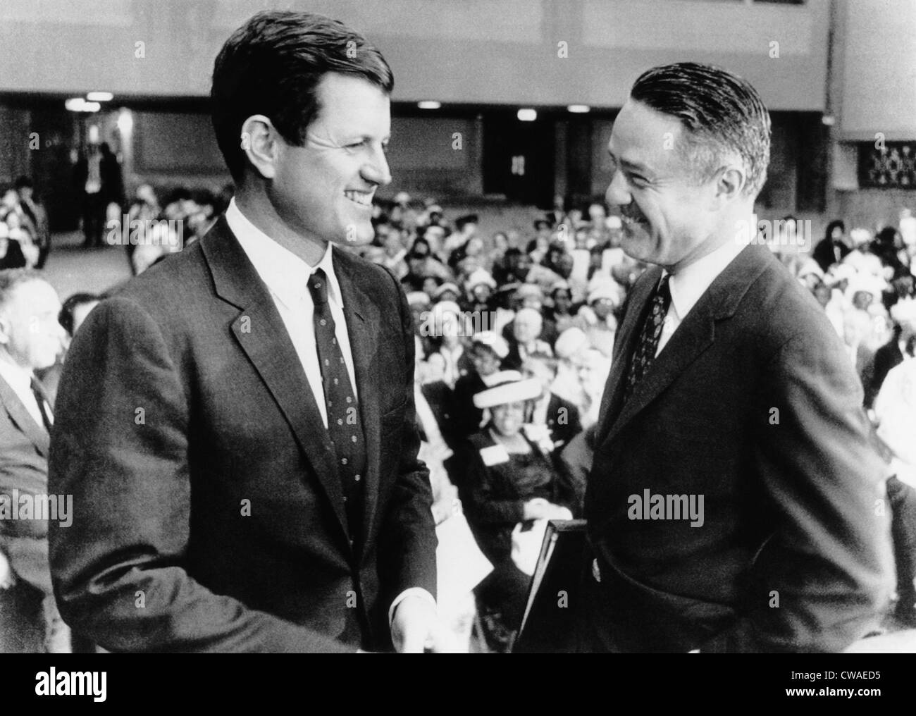 From left, Senator Edward Kennedy, and his brother-in-law, Sargent Shriver, at Senate Committee on Aging, Washington, June 2, Stock Photo