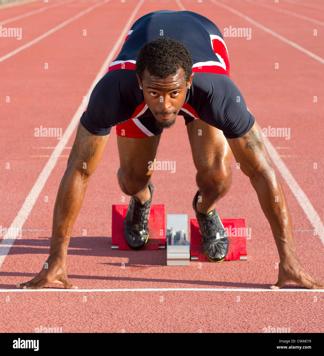 Athlete on starting blocks Stock Photo Alamy