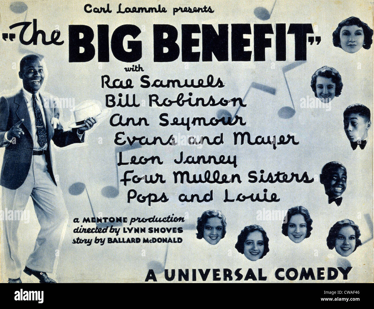 Lobby card for 'The Big Benefit' shows Bill 'Bojangles' Robinson dancing and the faces other stars, including Rae Samuels, Ann Stock Photo