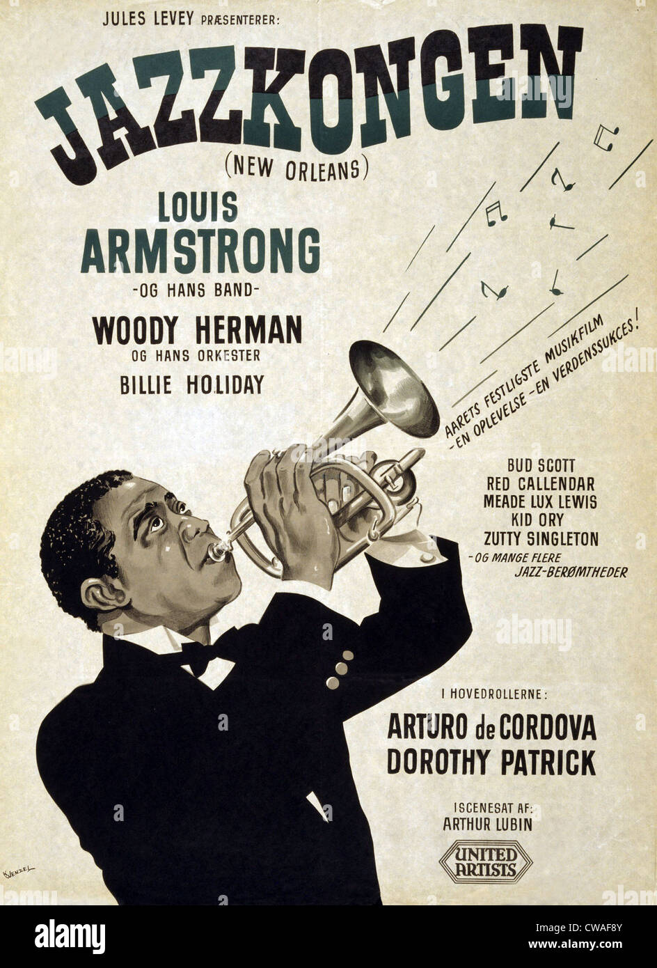 Motion picture poster for Swedish release of NEW ORLEANS (1947), showing star Louis Armstrong playing the trumpet.  Bessie Stock Photo