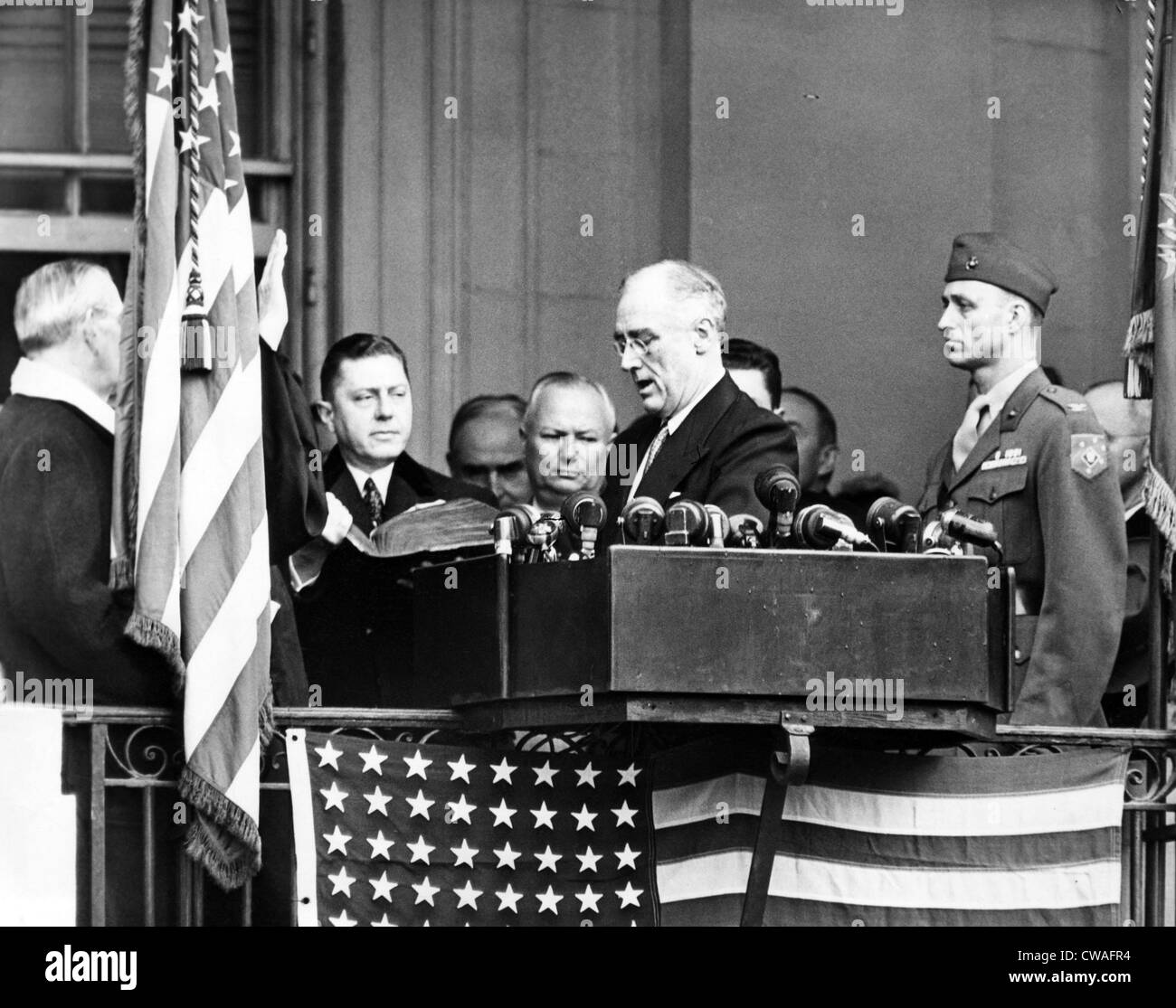 President Franklin D. Roosevelt (1882-1945), is sworn into office for his fourth term. L-R: Edwin A. Halsey, Secretary of the Stock Photo