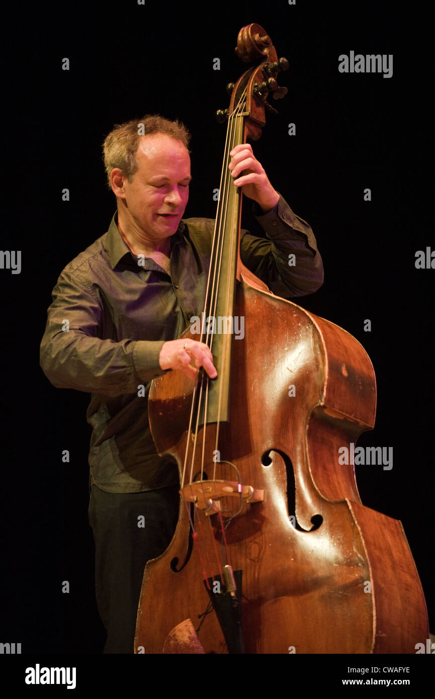 Double bass player Alec Dankworth performing at Brecon Jazz Festival 2012 Stock Photo
