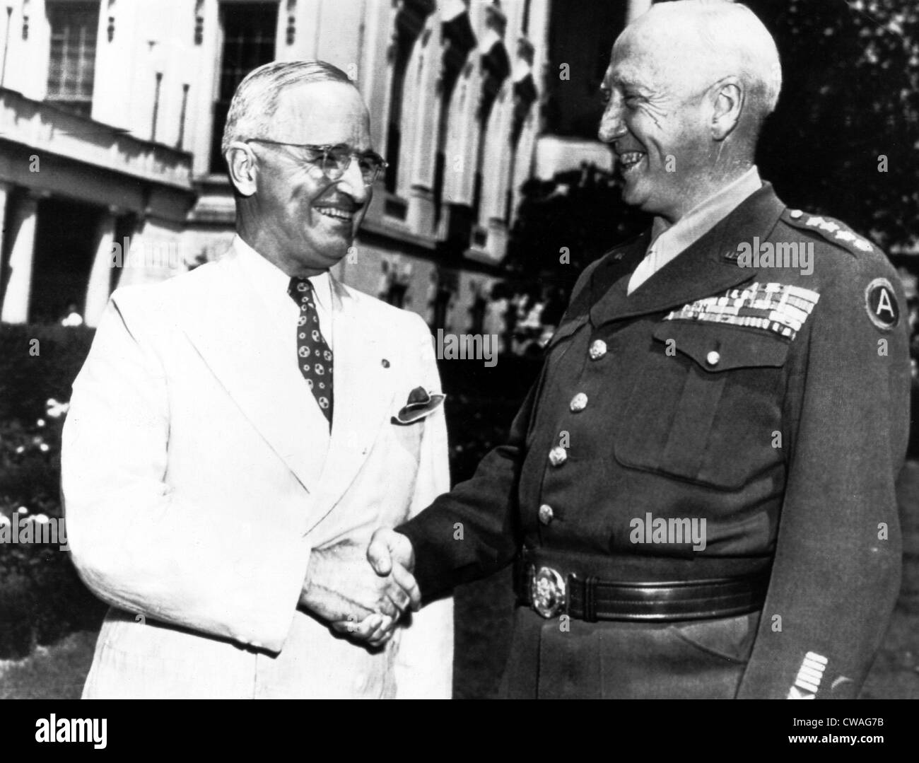 Lt. General George S. Patton shaking hands with President Truman, 1940s. Courtesy: CSU Archives / Everett Collection Stock Photo