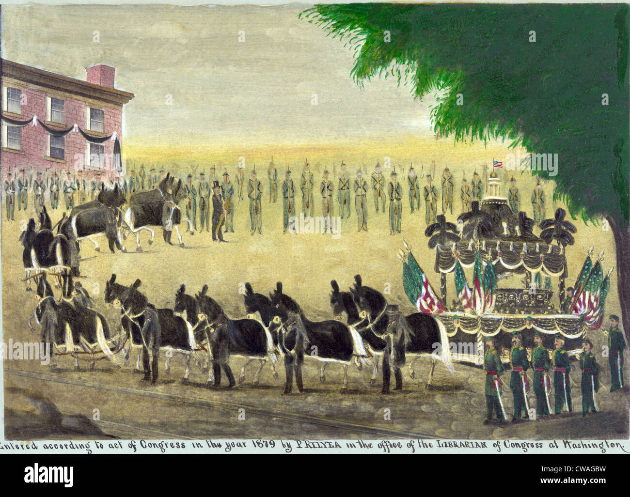Abraham Lincoln's funeral car in New York City on April 26th, 1865 in folk art style painting.  Lincoln's funeral train left Stock Photo