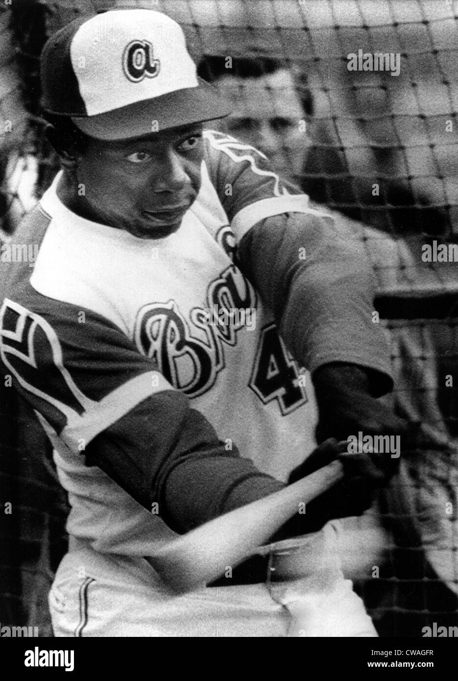 Hank Aaron knocks one out of the park during batting practice in Los Angeles, 1974. Courtesy: CSU Archives / Everett Collection Stock Photo