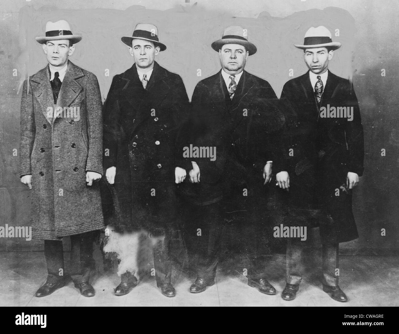 Group of mobsters in the 1920s. Left to right: Ed Diamond, Jack 'Legs' Diamond, Fatty Walsh, and Charles 'Lucky' Luciano in the Stock Photo