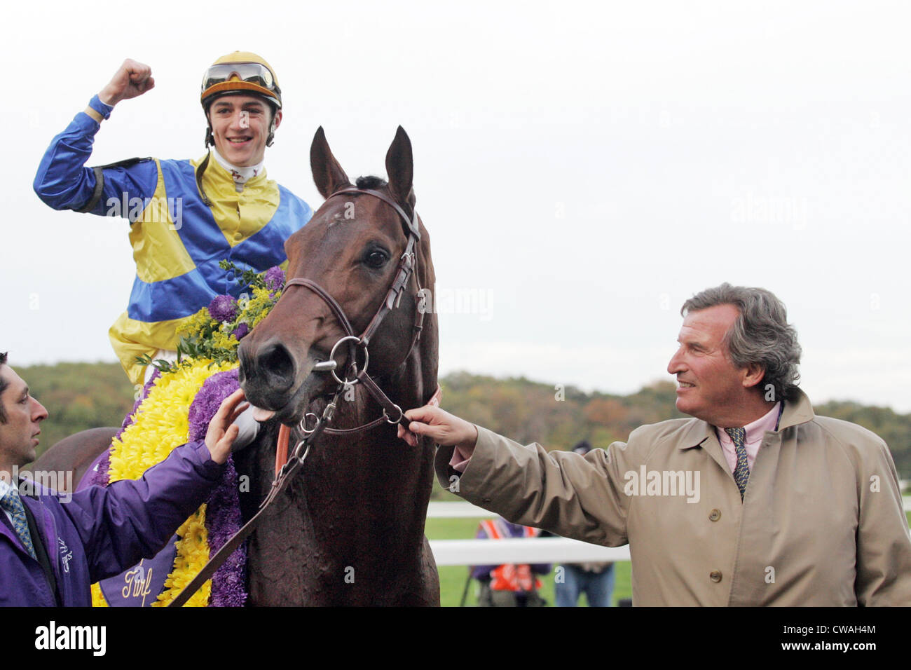 New York, jockey Christophe Soumillon after the victory in the Breeders Cup Turf with sirocco. Owner Georg Baron von Ullmann Stock Photo