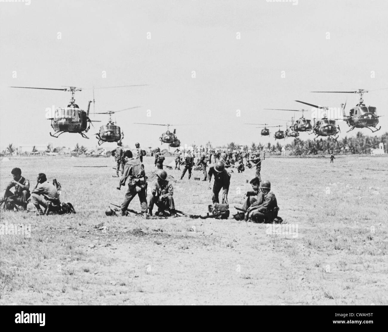 United States helicopters air lift Vietnamese government Rangers into battle against communist Viet Cong guerrillas, Saigon. Stock Photo