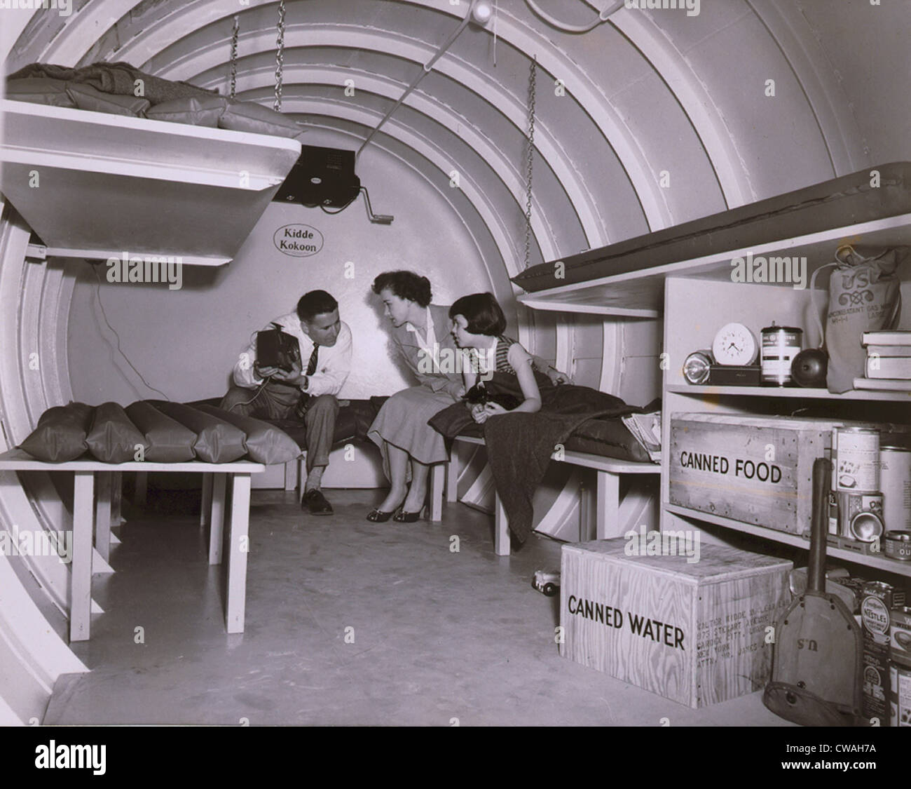 Interior of an underground atomic fallout shelter on Long Island, New York 1955. Stock Photo