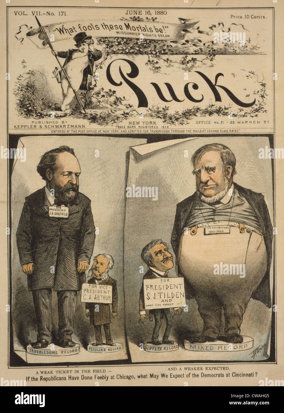 1880 Presidential election cartoon, showing candidates James A. Garfield, Chester Arthur, Samuel J. Tilden, and David Davis Stock Photo