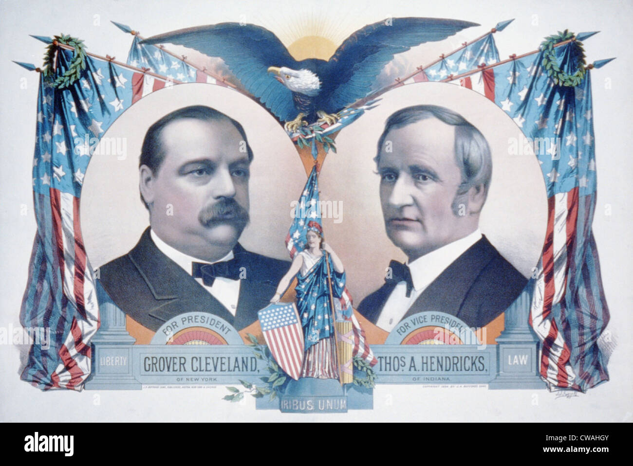 1884 Democratic campaign poster with portraits of Grover Cleveland and Thomas A. Hendricks. Stock Photo