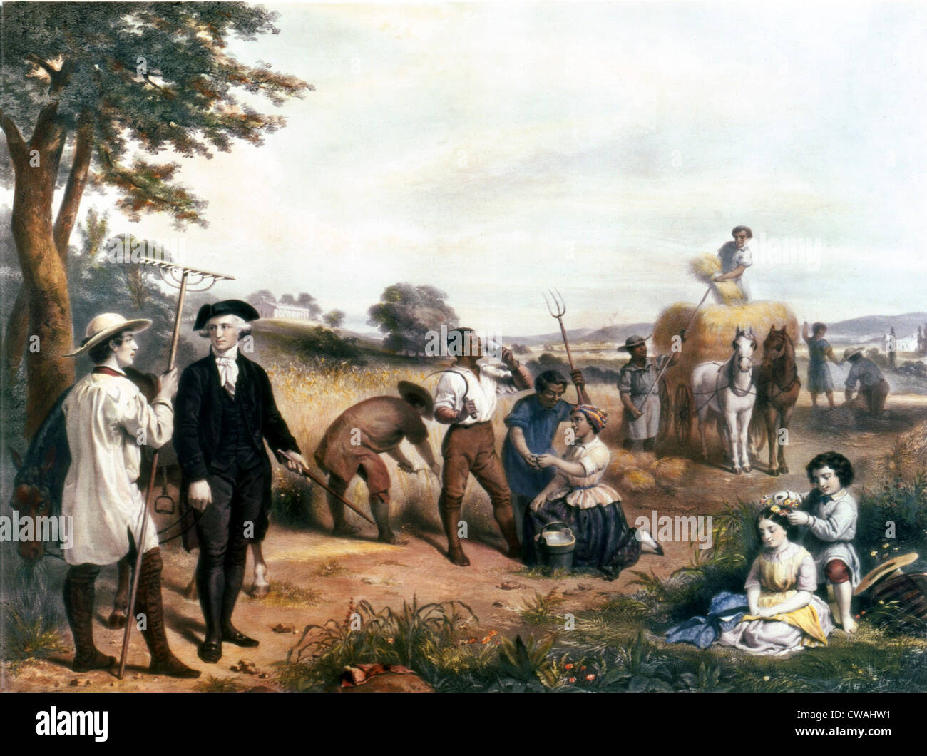 Washington as a farmer, standing among enslaved AfricanAmerican