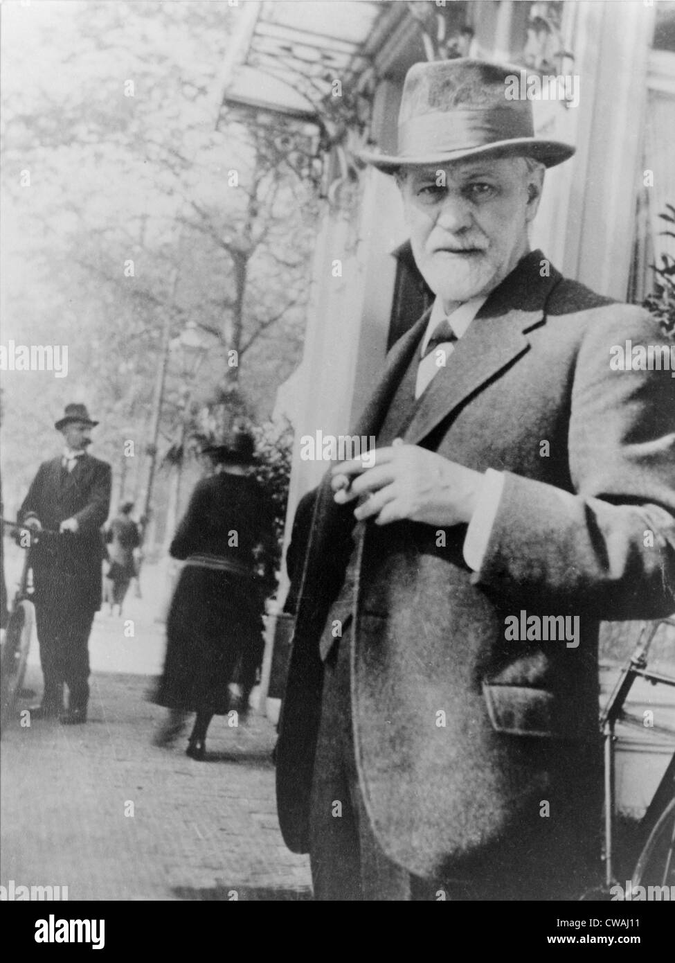 Sigmund Freud (1856-1939), standing on sidewalk outside The Hague, Netherlands, 1920. Stock Photo