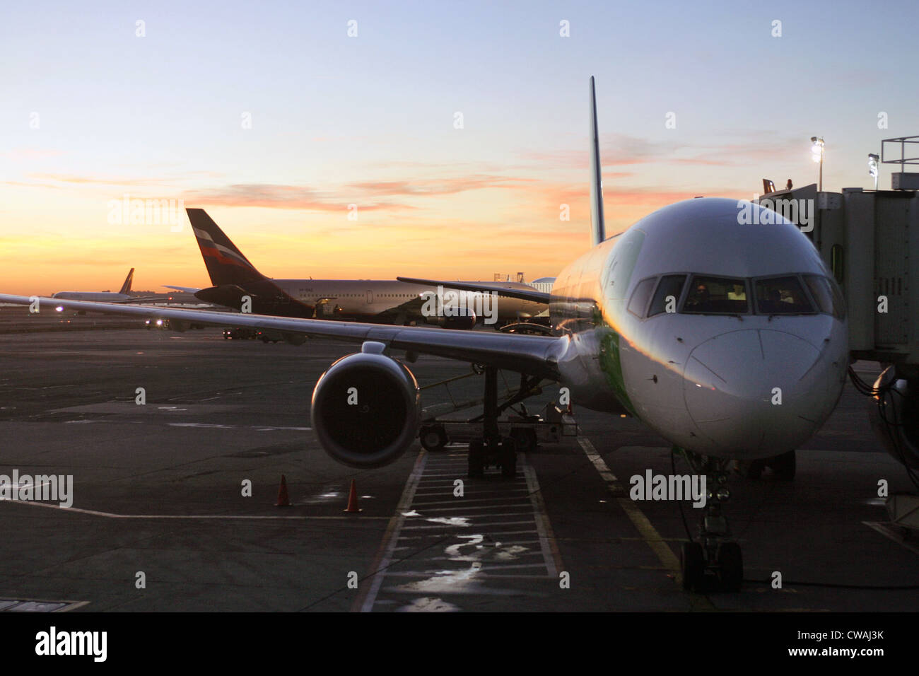New York, front view of a passenger aircraft of the airline at JFK Airport Song Stock Photo
