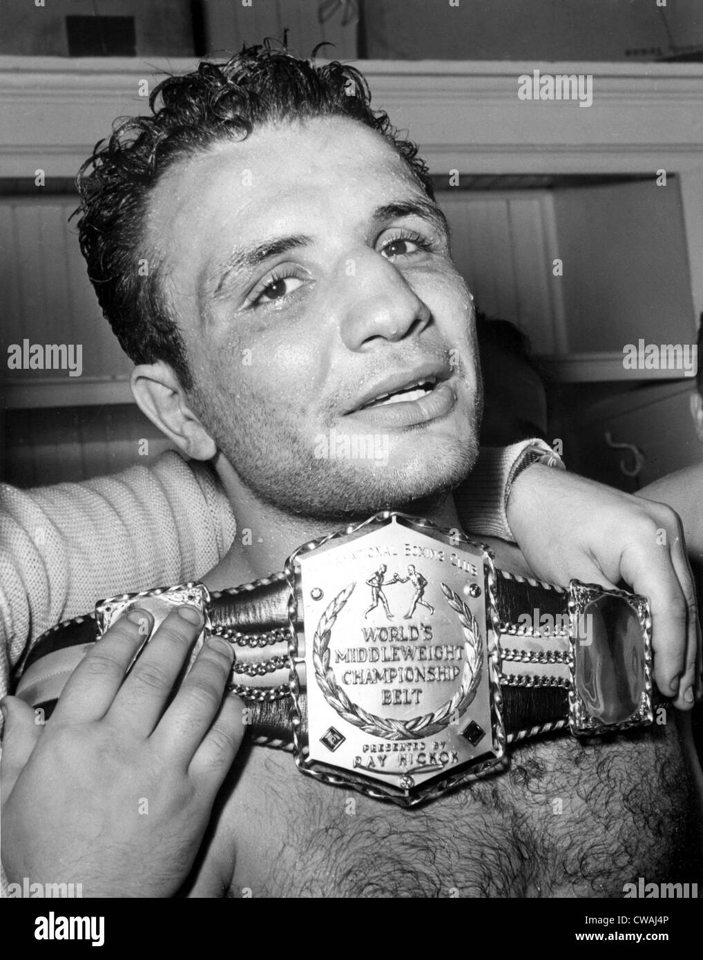 DETROIT, MICH. Jake LaMotta is awarded the belt that is the symbol of