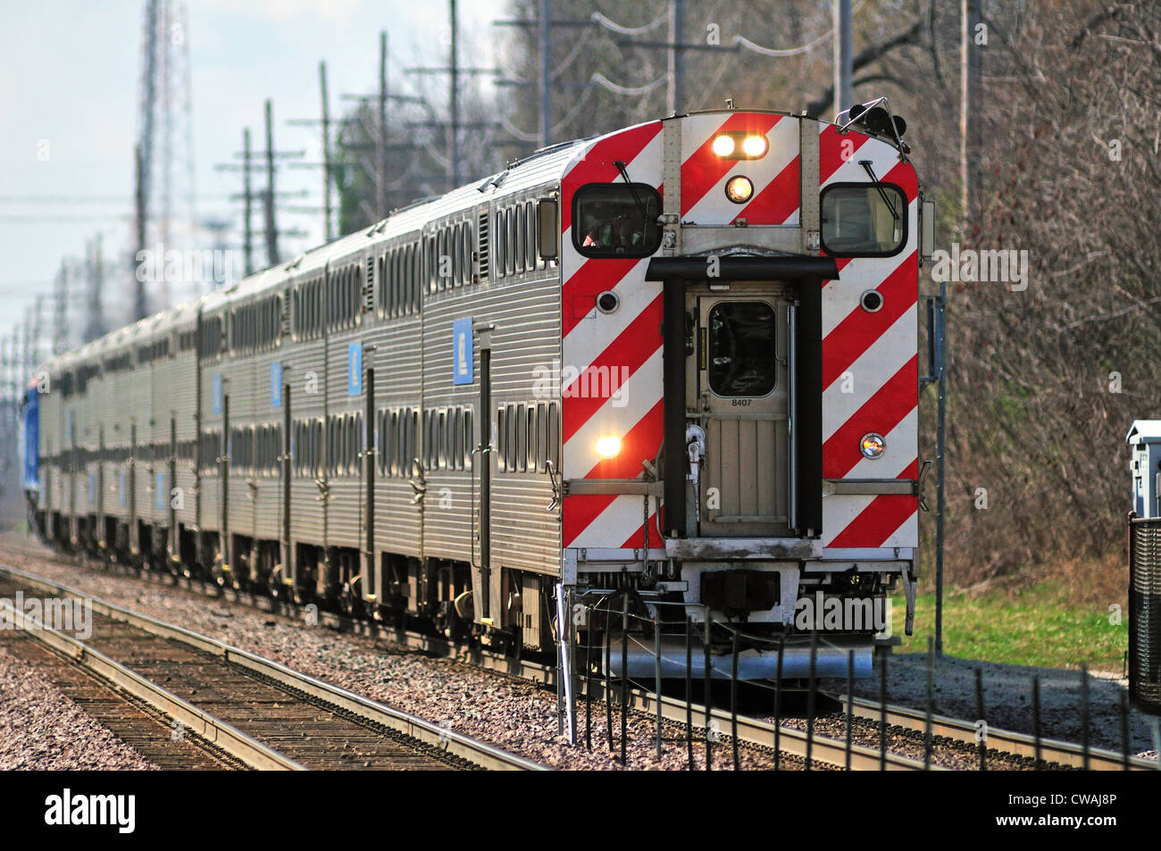 Geneva, Illinois, USA. A Metra commuter train heading for Chicago. Stock Photo
