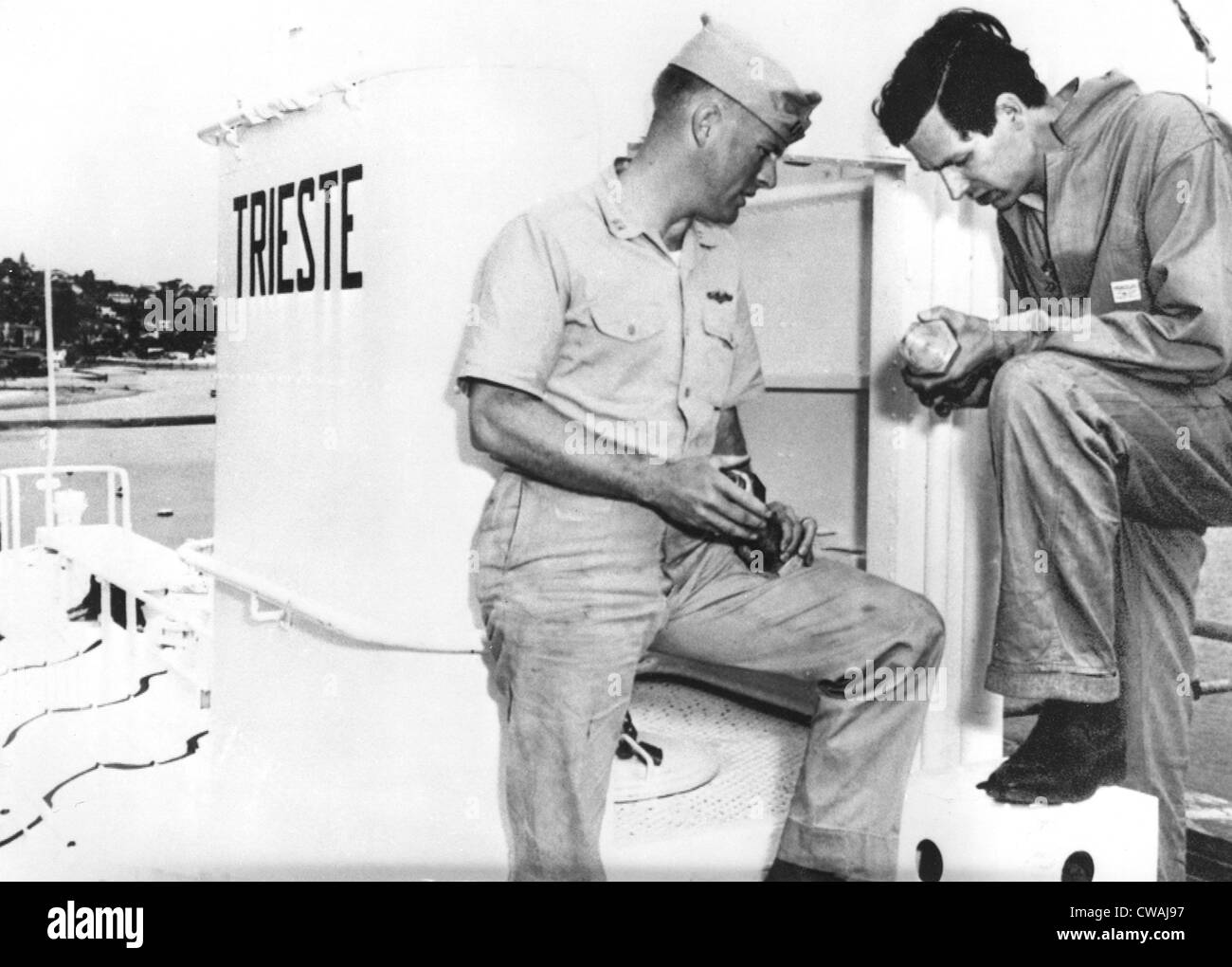 Swiss scientist Jacques Piccard and Navy Lieutenant Don Walsh aboard the bathyscaphe Trieste, San Diego, CA 01-23-1960.. Stock Photo