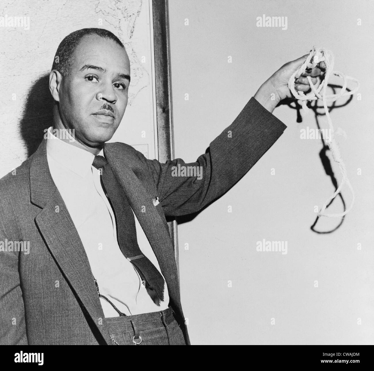 Roy Wilkins (1901-1981), NAACP executive secretary, displays hangman's noose sent to Association's national headquarters from Stock Photo