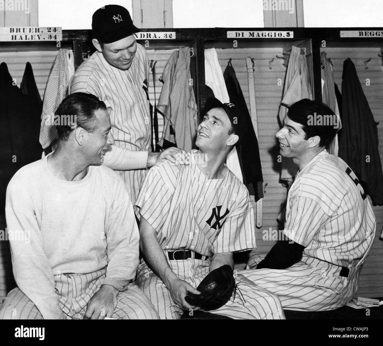 Lou Gehrig, Joe Gordon, Joe DiMaggio and Bill Dickey (standing) in the Yankee's locker room, 1939. Courtesy: CSU Stock Photo