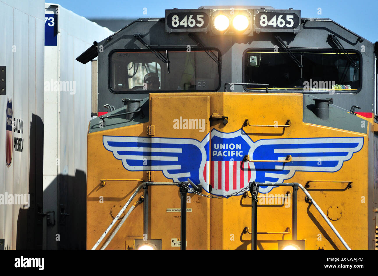 Westbound Union Pacific freight train engine unit #8465 Geneva, Illinois on its way from Chicago. Geneva, Illinois, USA. Stock Photo