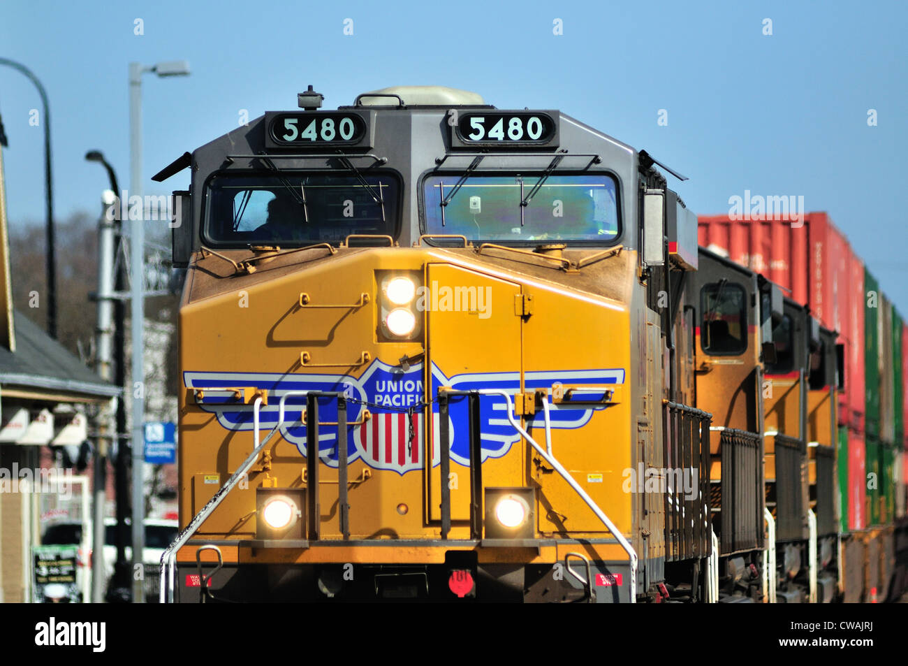 Union Pacific freight train unit #5480 Geneva, Illinois on its way from Chicago. Geneva, Illinois, USA. Geneva, Illinois, USA. Stock Photo